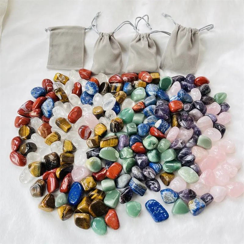 Conjunto de bolsa de presente cristal natural, conjunto de 7 chakra cristal de pedra de tumblr para cura