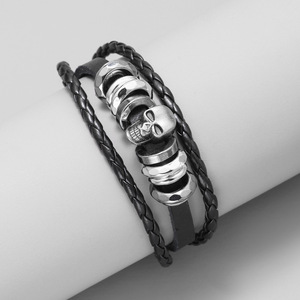 Bracelet rétro personnalisé tendance transfrontalier avec design crâne punk en métal, bracelet en cuir de vachette tressé pour homme - Product Image 2