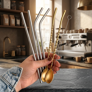 Metal <b>Drinking</b> <b>Straws</b> Set of 5 Reusable Stainless Steel Bar Accessories Minimalist Design Gold and Silver Tones - Product Image 4
