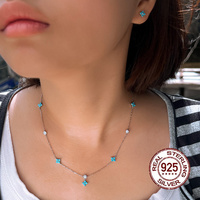 Mode simplicité 925 argent Sterling Mini fleur Turquoise bleu collier et boucles d'oreilles ensemble de bijoux pour les femmes vêtements quotidiens
