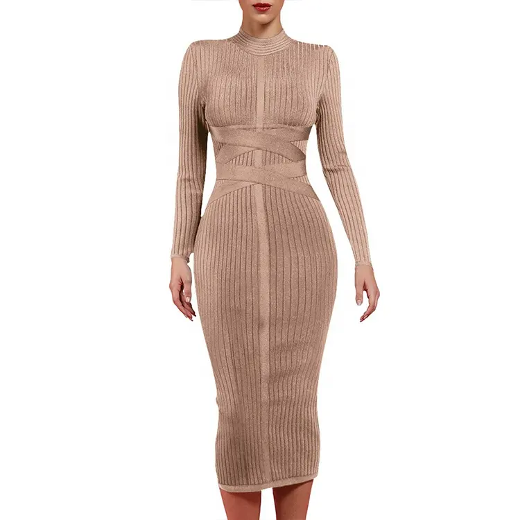High quality formal knitted rib long sleeve bandage dress for women Elegant stand collar midi dress spring autumn casual Dresses
