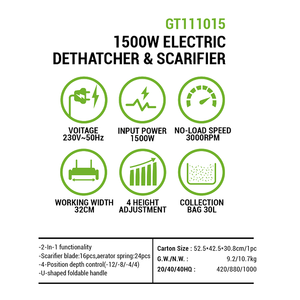 Désherbeur électrique industriel <span class=keywords><strong>1500W</strong></span>, <span class=keywords><strong>scarificateur</strong></span>, largeur de travail 320mm, sac de 30L, aérateur à 4 réglages de hauteur pour petite pelouse - Product Image 3