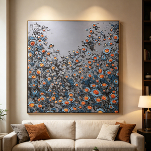 Cuadro al Óleo Pintado a Mano de Gran Tamaño con Motivo Floral de Atardecer, Arte Texturizado Hecho a Mano para Decoración de Interiores - Product Image 1