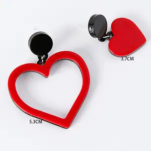 fashion baby girls 925 silver pin cellulose acetate acrylic sweet cute red heart unsymmetric pendant dangle drop earring women