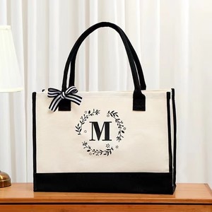Sac fourre-tout de <span class=keywords><strong>plage</strong></span> en <span class=keywords><strong>toile</strong></span> de coton personnalisé lettre brodée initiale conception corde été automne usage quotidien cadeau monogramme - Product Image 3