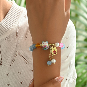 สร้อยข้อมือลูกปัดสไตล์จีนสำหรับผู้หญิงพร้อมเสน่ห์แมวนำโชคการ์ตูนสัตว์ราศีของขวัญเครื่องประดับ SL7596 - Product Image 1
