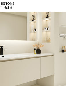 맞춤형 돌 욕실 가구 플로팅 카라라 화이트 대리석 더블 싱크 화장대 손 예술 디자인 세면대 - Product Image 5