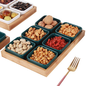 Juego de vajilla de lujo para aperitivos y frutas, Set de platos de postre con bandeja de cerámica de bambú, aperitivos y dulces - Product Image 1