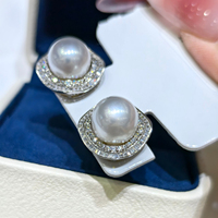 Boucles d'oreilles clous de luxe en perles rondes Edison de 10-11 mm, double couche carrée entièrement pavée de zircon, bijoux de mode pour femme