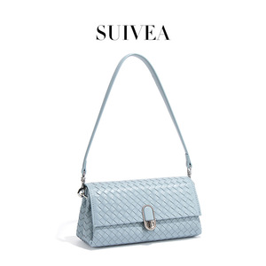 Bolso de Hombro Tejido de Moda para Mujer, de Cuero PU, con Correa Única, Cierre de Hebilla con Diseño de Diamantes, para Uso Diario, Color Azul Claro - Product Image 3