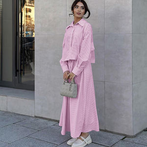 Clothing Manufacturers <strong>Pink</strong> Striped Fashionable Elegant Casual Shirt Top And Long Skirt Sets Women 2 Piece <strong>Outfits</strong> - Product Image 3