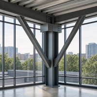 Centre d'exposition en structure acier industrielle avec murs intérieurs en verre spacieux et un look contemporain