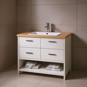 Meuble-lavabo de salle de bain en bois massif, 39,4 pouces de large, finition brun clair, design minimaliste moderne, sur pied avec tiroirs - Product Image 2