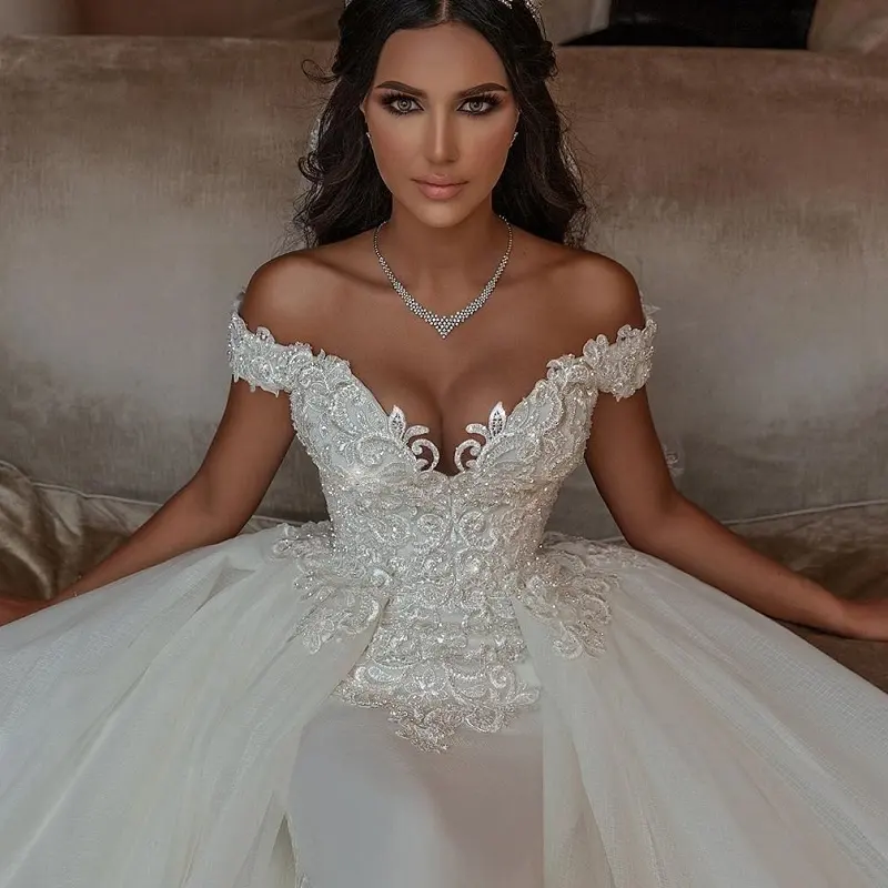 Sexy Mermaid Bridal Gown Off Shoulder Applique Wedding Dresses with Detachable Skirt