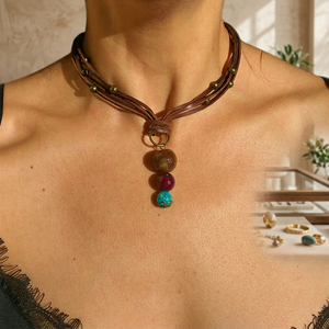 Collar de Cadena de Eslabones Tejidos para Mujer, Colgante de Piedra Natural Vintage, Ajustable, 1368 UIONEN, Estilo Moderno, Color Dorado, Hecho Principalmente de Latón - Product Image 3