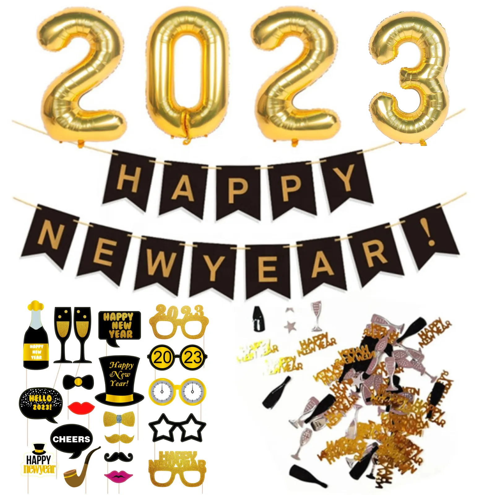 Pafu Happy New Year Decorations 2023 foil balloon glitter photo booth props confetti Party supplies happy new year 2023