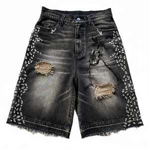 Parches bordados Logo Streetwear Raw Hem Jorts Cut Edge Distressed Streetwear Denim Jean Shorts para hombres - Product Image 1