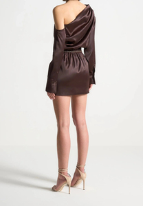 One Shoulder Satin Mini Dress With <b>Chain</b> Belt High <b>Waist</b> Bodycon Fitted Long Sleeve Solid Color Party Wear Autumn Style - Product Image 3