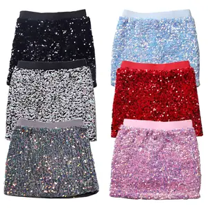 OEM और ODM कस्टम रंगीन सेक्विन स्कर्ट छोटी लड़की उच्च कमर सेक्विन फैब्रिक बच्ची लड़की बुटीक छोटी स्कर्ट