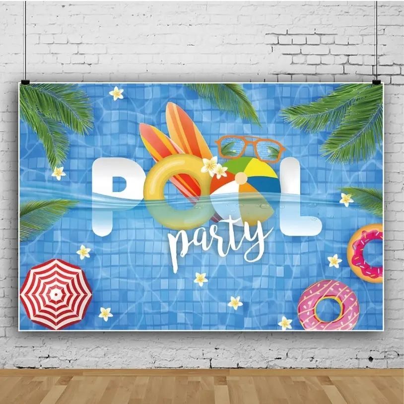 Piscine fête toile de fond été balles de plage enfants anniversaire gâteau Table fond hawaïen Tropical bouée de sauvetage natation bannière fournitures