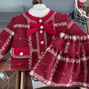 Completo Due Pezzi a Quadri per Ragazze Autunno-Inverno, Elegante Tailleur Rosso Spesso per Feste, Età 8+, Abbigliamento Boutique in Tessuto Caldo - Product Image 6