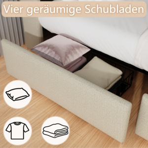 <span class=keywords><strong>Letto</strong></span> imbottito in lino, dotato di striscia LED, ricarica USB e Type-C, cassetti, ripiano sulla <span class=keywords><strong>testiera</strong></span> e doghe in <span class=keywords><strong>legno</strong></span>, beige. - Product Image 6