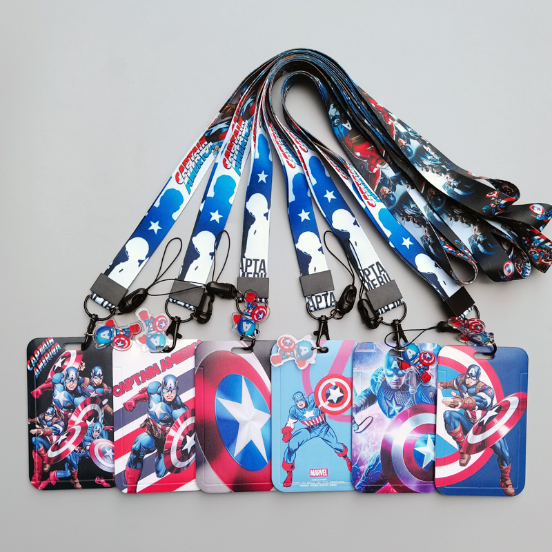 Campus Student Boys Gifts Marvel Lovely Cartoon Captain America Card Holder Portable Hard Plastic Card Cover Case Lanyard Set
