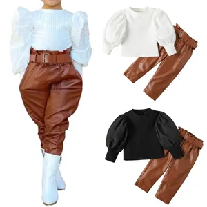 高街灯笼袖上衣和PU皮裤两件套初级女孩服装套装