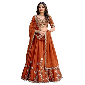 FATEMA FASHION Lehenga Choli en soie Rangoli marron, motif doré en relief, style moderne pour femme, longueur standard, pour mariage et fêtes - Product Image 1