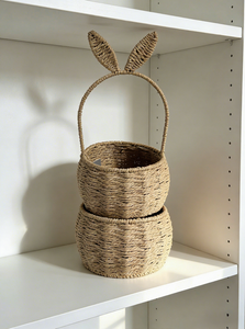 سلة تخزين منسوجة يدويًا من الخيزران بتصميم أذني أرنب لطيفة، منظم محمول للقرطاسية والكتب، ديكور للحمام وغرفة المعيشة - Product Image 3