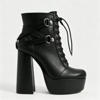 Bottines noires à plateforme pour femme, bout rond, à lacets, avec anneau métallique, sangle de harnais, talon bloc épais, fermeture éclair latérale, style gothique punk