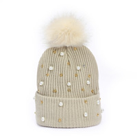 Bonnet en laine de cachemire acrylique écologique, hiver, luxe, duveteux, perle perlée pour filles, chapeaux à pompon épais