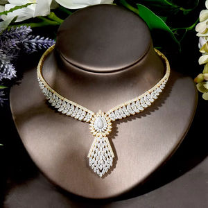 HIBRIDE set perhiasan bentuk tetesan air <span class=keywords><strong>2</strong></span> nada mewah untuk wanita pengantin Nigeria pernikahan 4 buah set kalung anting perhiasan N-1806 - Product Image 4