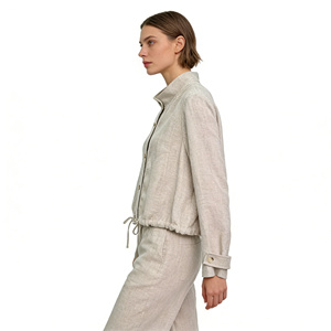 <span class=keywords><strong>Veste</strong></span> courte en <span class=keywords><strong>lin</strong></span> beige pour <span class=keywords><strong>femme</strong></span>, col montant, taille ajustable avec cordon, boutons sur le devant, <span class=keywords><strong>veste</strong></span> décontractée d'été - Product Image 2