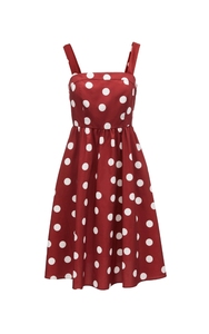 שמלת וינטג' נשית, קז'ואל, נושמת, אופנת רחוב, אדומה, באורך הברך, ללא שרוולים, הדפס נקודות לבנות, ארוגה, ODM - Product Image 3