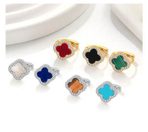 Высокое качество <span class=keywords><strong>925</strong></span> стерлингового серебра четырехлистный клевер натуральный агат кольцо 18k позолоченный Четырехлистный Клевер набор женских колец - Product Image 6