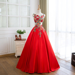 Red Floral Embroidered Evening Gown Sweetheart Neckline Empire Waist Long Dress For Women - Product Image 1