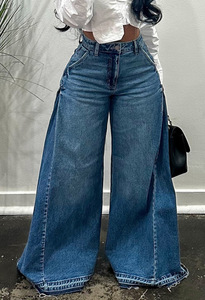 <span class=keywords><strong>Jean</strong></span> large pour <span class=keywords><strong>femme</strong></span>, style européen et américain, bleu délavé, avec empiècements, coupe évasée, ample, longueur au sol, à bords bruts - Product Image 5