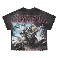 T-shirt imprimé graphique vieilli pour homme, 300 g/m², 100 % coton, coupe ample, style streetwear vintage, noir