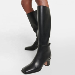<b>Big</b> Size 46 Solid Wide Fit Women's Knee High Boots Ladies Low Chunky Heels Shoes Real Leather Side Zipper Long Booties - Product Image 2