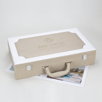 Grande boîte-cadeau de luxe en cuir MDF avec logo personnalisé bleu boîte d'emballage de parfum pour vêtement de vin de mariage boîte-valise en cuir avec poignée