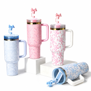 Gobelet de voiture floral de 40 oz avec poignée et paille, en acier inoxydable, isotherme, grande capacité, pour voyage, fabricant - Product Image 1