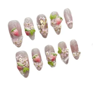 <span class=keywords><strong>Uñas</strong></span> Postizas Cortas Cuadradas Acrílicas Hechas a Mano con Diseño de Fresa Rosa, <span class=keywords><strong>Uñas</strong></span> Postizas Almendradas para Mujer - Product Image 3
