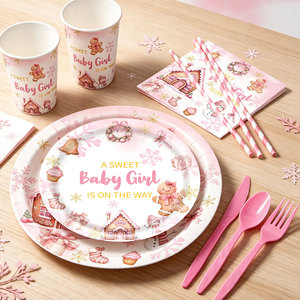 Decoraciones Rosas de Navidad con Temática de Galleta de Jengibre para Baby Shower: ¡Una Dulce Niña Está por Nacer! Platos y Servilletas de Galleta de Jengibre, Regalos de Invierno - Product Image 3