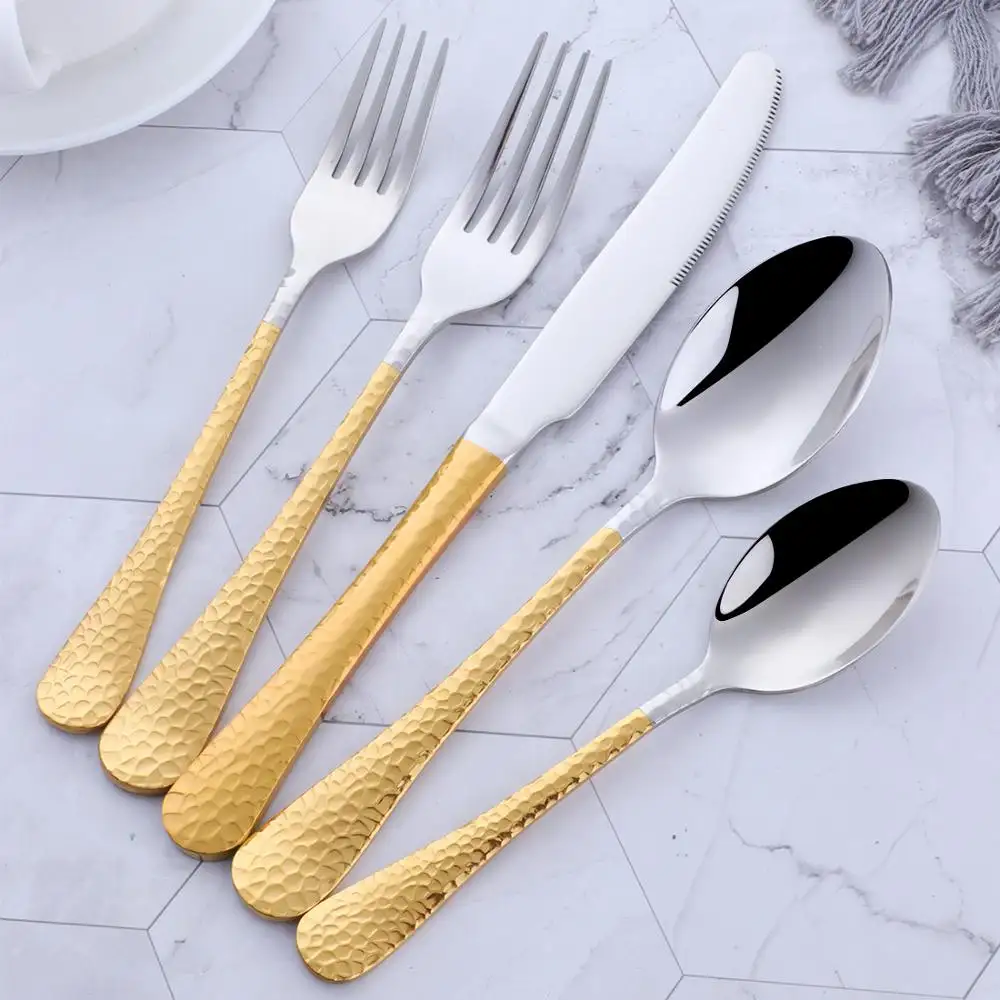 Luxury 5pcs Cutlery Restaurant Mirror Polish Gold Fork Spoon Silverware Stainless Steel Flatware Sets