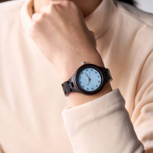 新品到着カスタマイズロゴブルーシェルダイヤルMiyota 2035クォーツムーブメント37mmブラックサンダルウッド女性木製腕時計 - Product Image 5