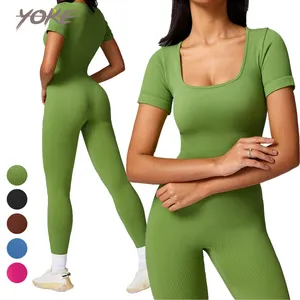 YOKE Custom Breathable Solid Pattern Square Collar One Piece Yoga Fitness Jumpsuit Adult Ribbed Sports Playsuits Workout Pants