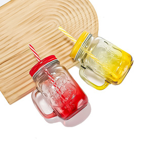 Barattolo di vetro multicolore disponibile con stampa logo di fascia alta 16oz con manico e paglia colorata e coperchio - Product Image 4