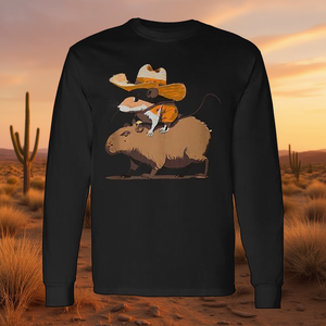 T-Shirt a Maniche Lunghe Unisex per Adulti con Stampa Digitale Capybara Cowboy Western, Promozionale - Product Image 3