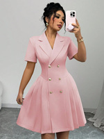 Robes de Soirée Vintage pour Femmes, Manches Courtes, Col en V, Silhouette Trapèze, Taille Cintrée, Robe de Carrière Croisée, Vente en Gros